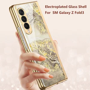 Hard Phone Cover For Samsung Galaxy Z Fold 3 5G Case Plating Glass
Marble Pattern Precise Hole New Shockproof Protective Fundas