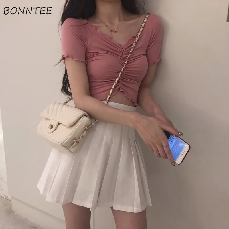 

Кроп-топ женский эластичный с V-образным вырезом, плиссированная трикотажная Облегающая рубашка, пикантная элегантная мягкая блуза с корот...