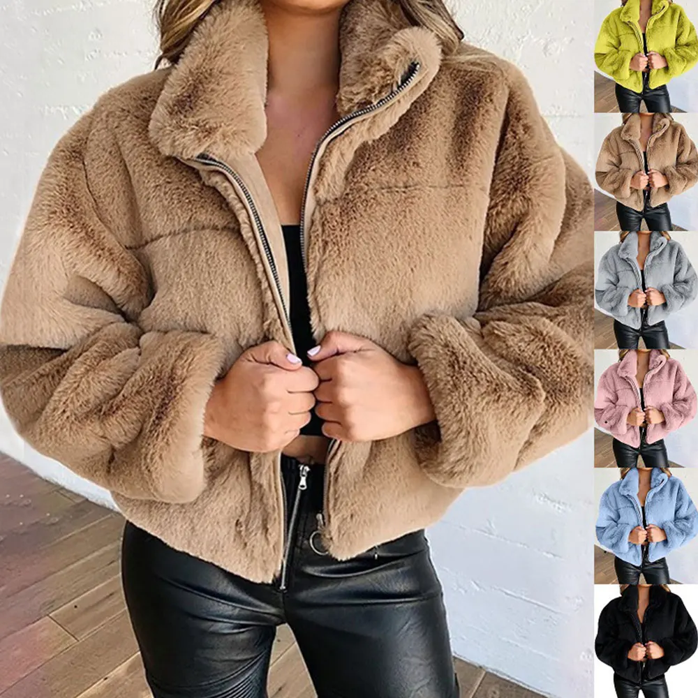 Warm Women Oversized Jacket Solid Color Fleece Tops Cropped Female Overcoat Fluffy Faux Fur Teddy Blouse Harajuku Streetwear