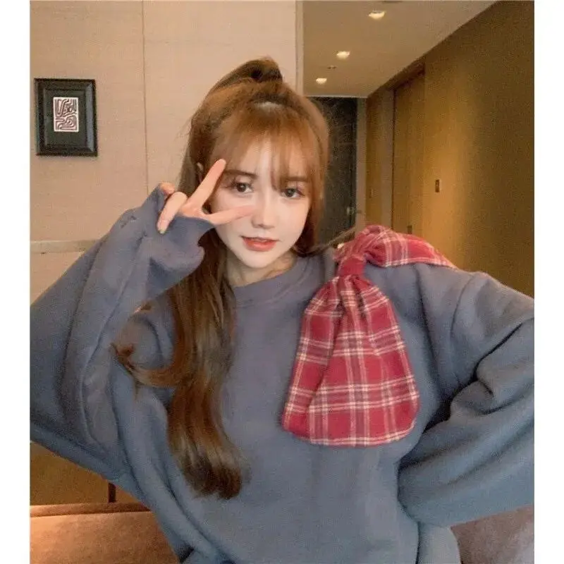 

Sweet Bow Patchwork Sweatshirt and Sweatwear Women Crewneck Pullover Oversized Tops Streetwear Preppy Style Solid Sportswear