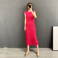 miyake pleated dress rose red 2021 new round neck sleeveless tassels chic design solid color stretch plus size dress midi