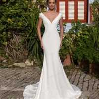 sexy mermaid wedding dress v neck backelss sweep train high quality robe de mariage for women bridal gown short sleeve custom