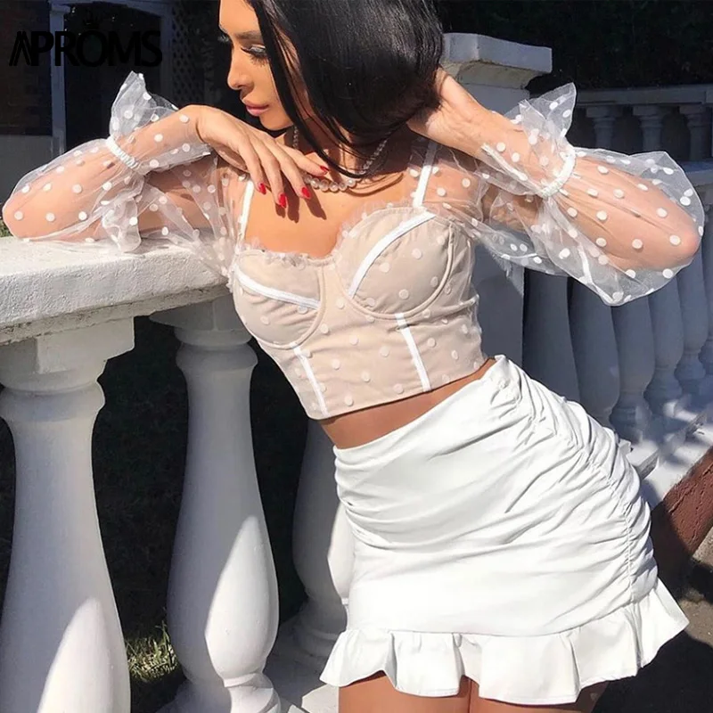 Aproms сексуальные сетчатые топы в горошек для женщин крутой квадратный вырез тонкий облегающий короткий топ Осенняя боковая молния белый черный тройник