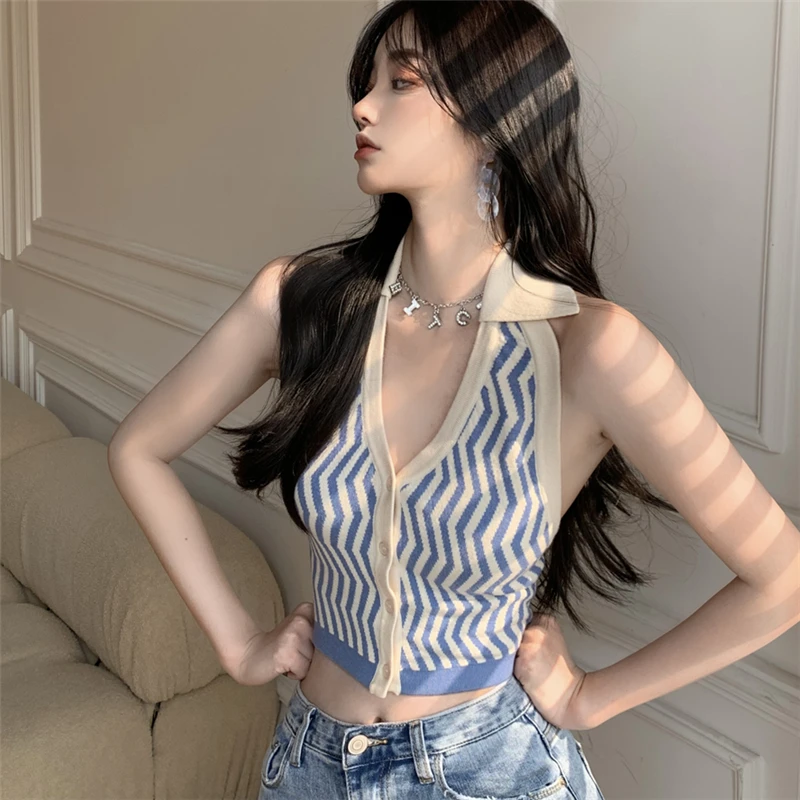 

Женская Трикотажная майка с лямкой на шее и открытыми плечами, укороченные топы, женские Майки, футболки без рукавов, топ для девочек, A321