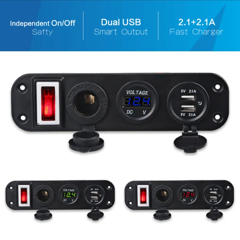 

2019 AOZBZ Car Marine Boat Switch Panel 12V LED Voltmeter ON-Off Toggle Switch Panel 5V 3.1A Dual USB Charger Cigarette Lighter