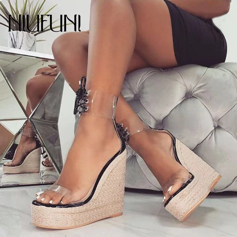 

NIUFUNI Gladiator PVC Transparent Lace Up Wedges Sandals Platform Rattan Weave Open Toe Women's Shoes Sexy Party 15CM High Heels