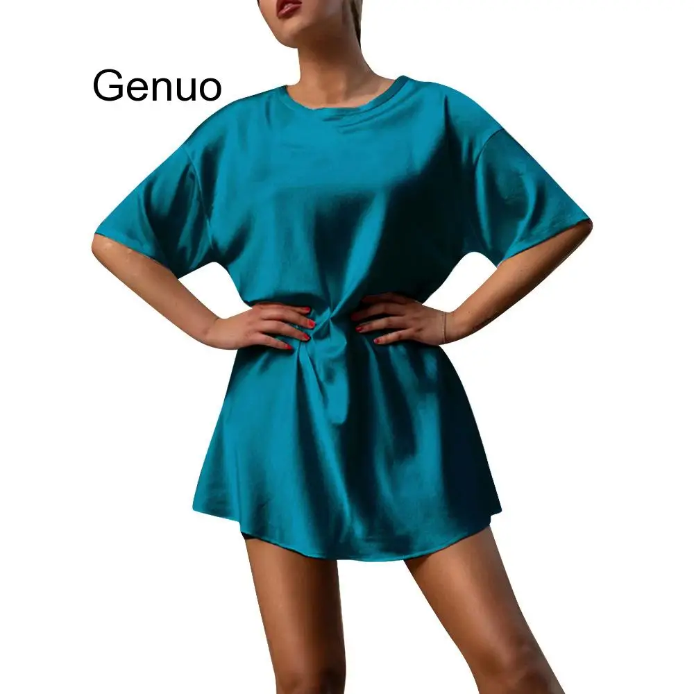 

Casual Loose Solid T-shirt Dress Women 2020 Summer Short Sleeve Silk Dress O Neck High Street White Shirt Dress Vestidos