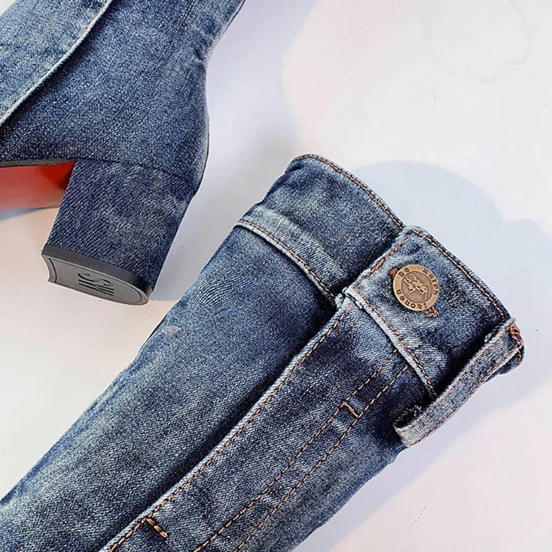 Женские джинсовые сапоги до колена Сезон осень-зима Модные на высоком квадратном