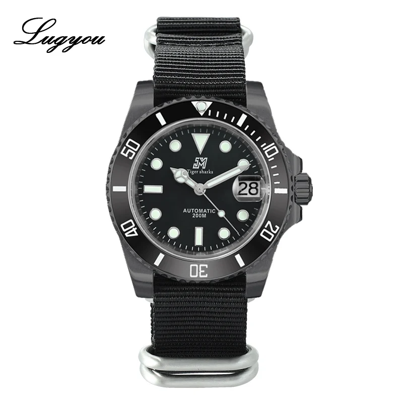 B Black B Nylon Lugyou Сан Мартин роскошные черные DLC Diver Мужские часы Автоматические из нержавеющей стали Пескоструйный сапфир 20 атм водонепроницаемый резиновый ремешок - Цвет: B Black B Nylon