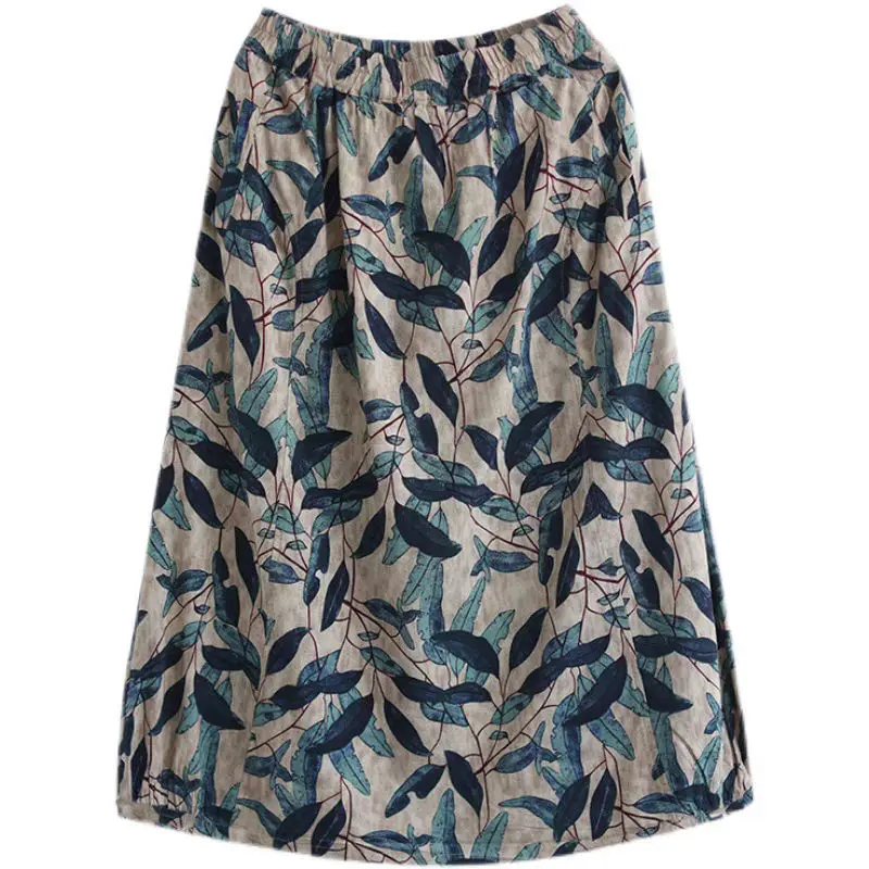

Cotton original art RETRO print skirt women's summer new drop loose large size slim A-line skirt