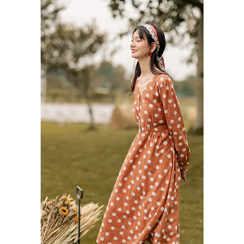 Винтажное платье с V-образным вырезом длинными рукавами и бантом для похудения