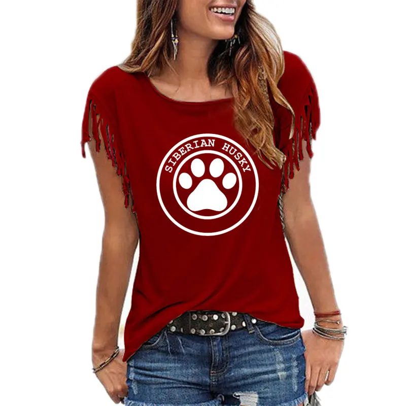 

2021 Summer New HUSKY PAW Print Women Tshirt Cotton Female Plus Size Casual T Shirt