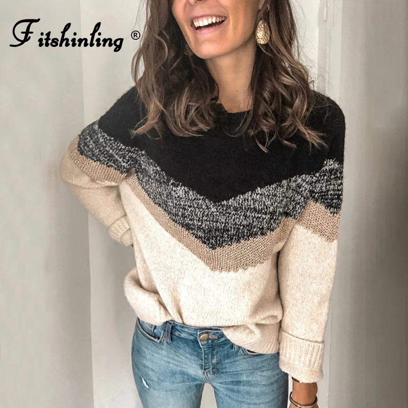 

Fitshinling Patchwork Vintage Sweater Women Autumn Winter Clothing Boho Slim Pullover Long Sleeve Tops Knitwear Pull Jumper New