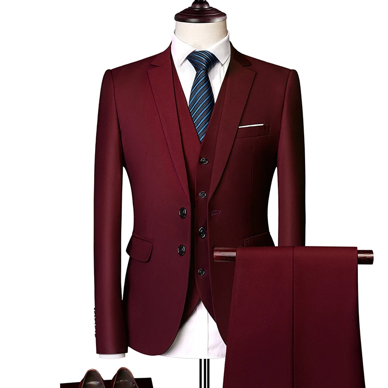 wine red 3 pieces Однотонные мужские формальные костюмы Модный деловой Повседневный Банкетный мужской костюм пиджак+ жилет+ брюки размер 6XL 2/3 шт костюмы для свадьбы - Цвет: wine red 3 pieces