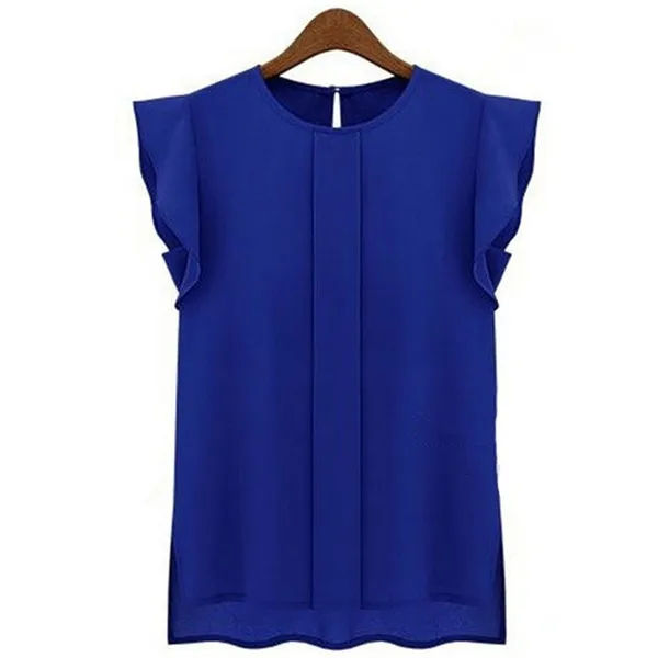 blue Однотонные летние женские шифоновые блузы, повседневные свободные женские блузы без рукавов с круглым вырезом и оборками, Базовые Рубашки, Топы - Цвет: blue