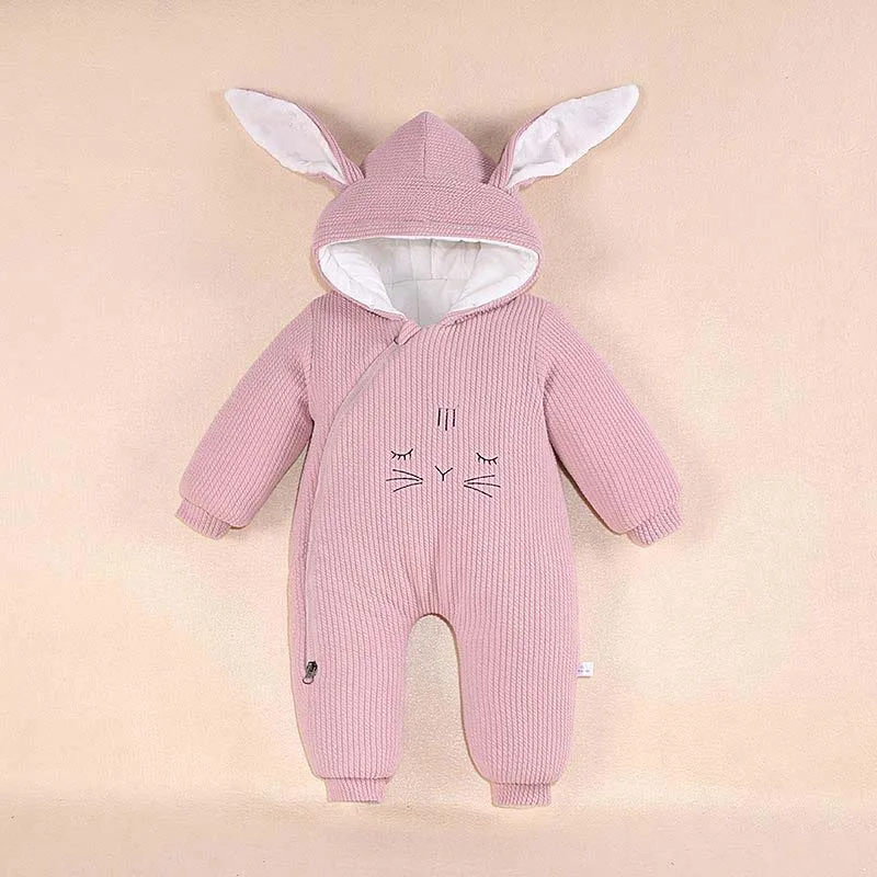 Pink Rabbit Осенне-зимние комбинезоны для новорожденных, детские комбинезоны с капюшоном, одежда для мальчиков и девочек, костюм на молнии для младенцев, Вязаный комбинезон От 0 до 2 лет - Цвет: Pink Rabbit