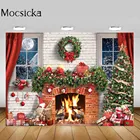 Рождественский фон Mocsicka с изображением кирпичной стены камина рождественской елки окна семейной портретной фотографии