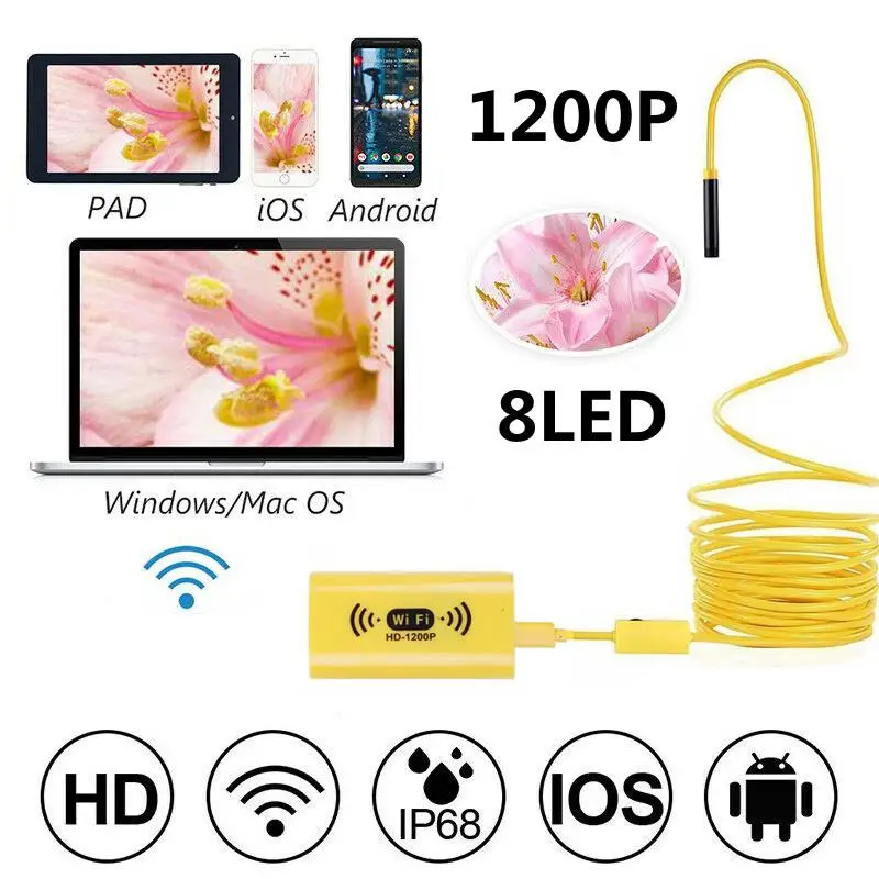 Wi fi эндоскопическая камера HD 1200P миниатюрный водонепроницаемый жесткий кабель 2 0