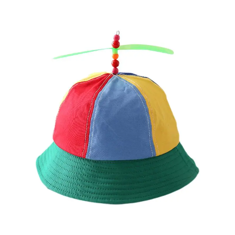 

Children Kids Cotton Helicopter Propeller Bucket Cap Color Block Patchwork Dragonfly Beaded Summer Sun Protection Fisherman Hat