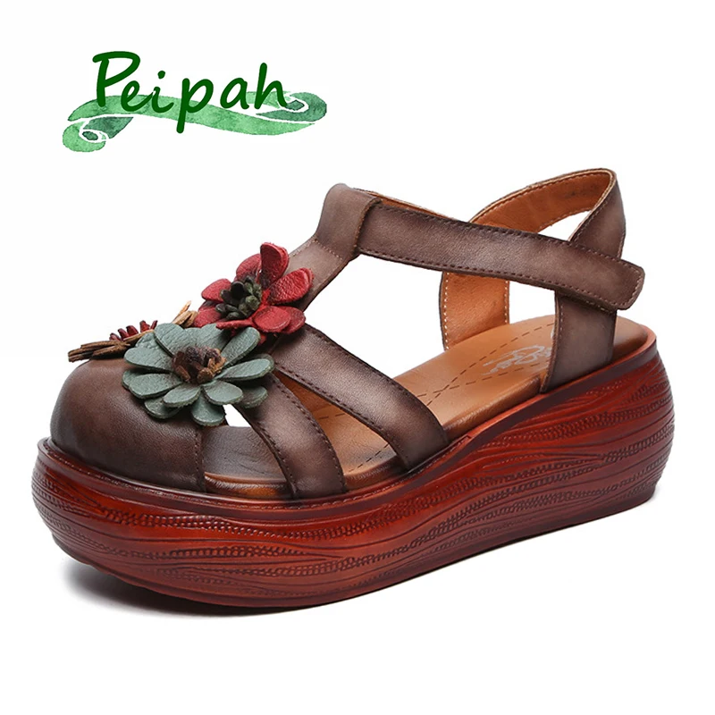 

PEIPAH Summer Wedges Genuine Leather Women's Sandals Ladies Retro Casual With Flowers Shoes Woman Platform Rome Slides For Women