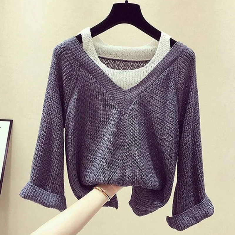 Pullover Sweater Women Winter 2020 Loose Long Sleeve Fake Two Fashion Knitted Sweaters Plus Size | Женская одежда