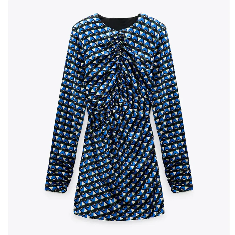 

Women 2021 chic fashion geometric print draped mini dress vintage v-neck satin long sleeve female dresses mujer