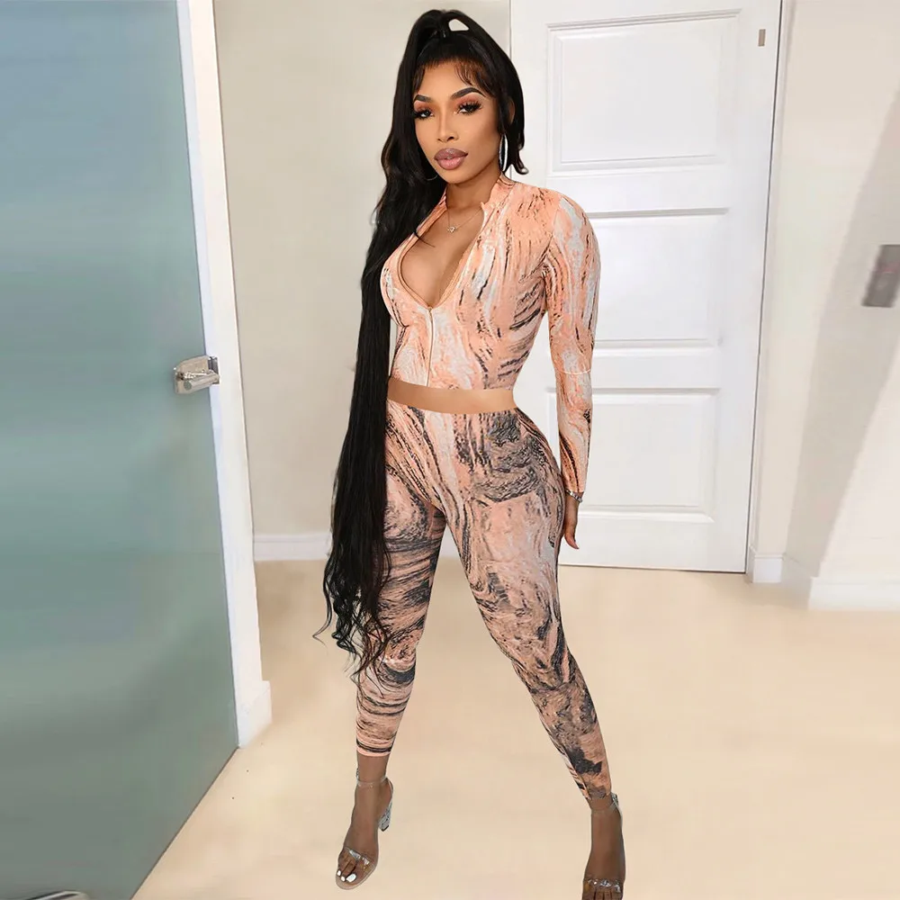 

Sexy Aesthetic Print Two Piece Set Women Fitness Midnight Style Color Blocking Zipper Long Sleeve Crop Top+bodycon Pant Outfit