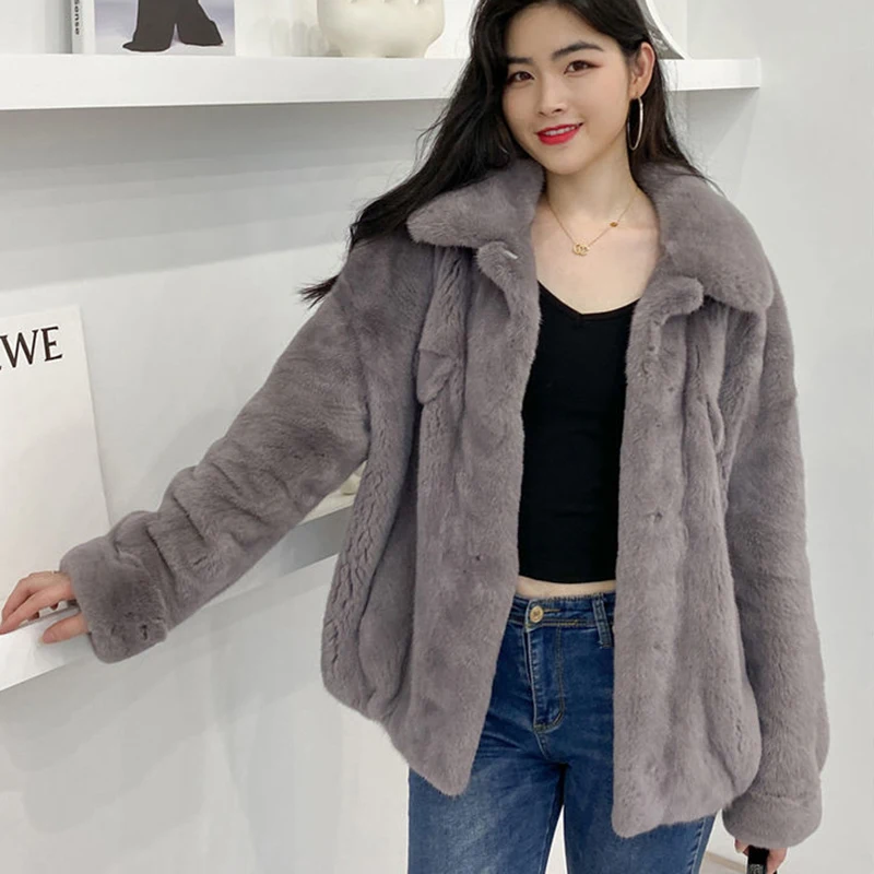 

Осенне-зимняя однотонная короткая куртка с отложным воротником из искусственного кроличьего меха, новая Корейская однобортная свободная т...