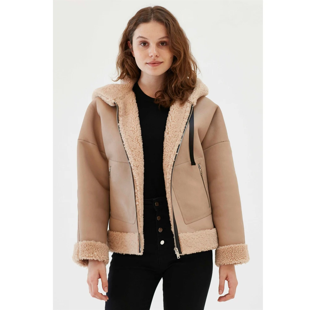 Womens Shearling Jacket Turkey Sheepskin Coat Hooded Leather Jacket Short Fur Coat Warmest Winter Coats