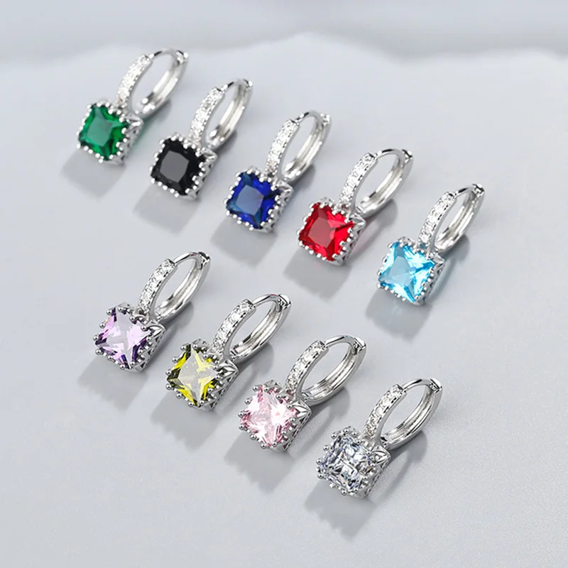 

New Fashion Square Crystal Stud Earring Elegant Pink White Black CZ Zircon Earrings for Women Female Party Jewelry Gift Kolczyki