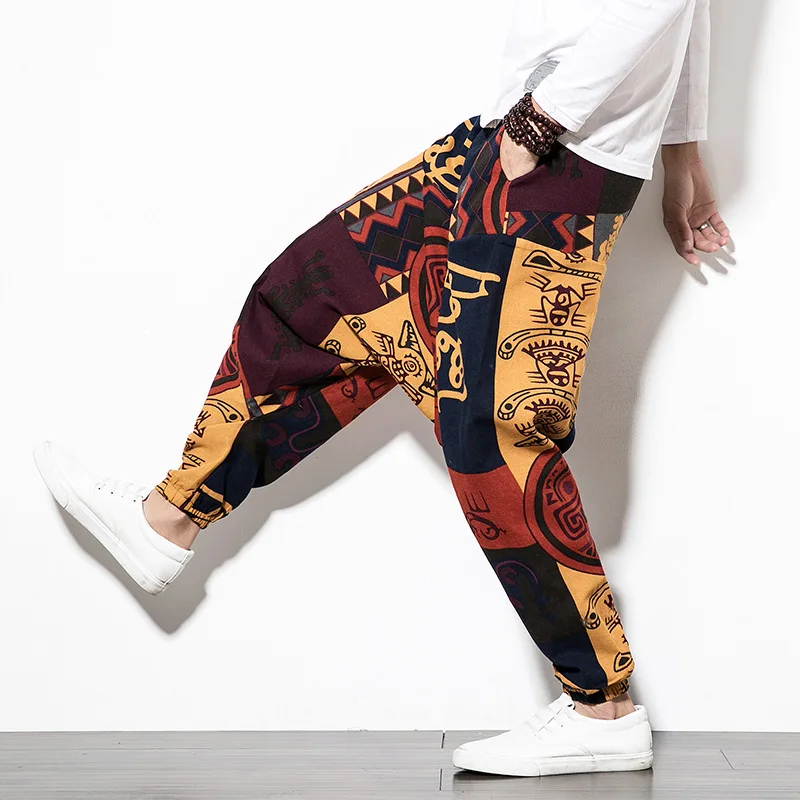 

2020 Autumn New Chinese Style Cotton and Linen Casual Pants Men's Printed Long Pants Fashion Large Size Loose Hip Hop Pants