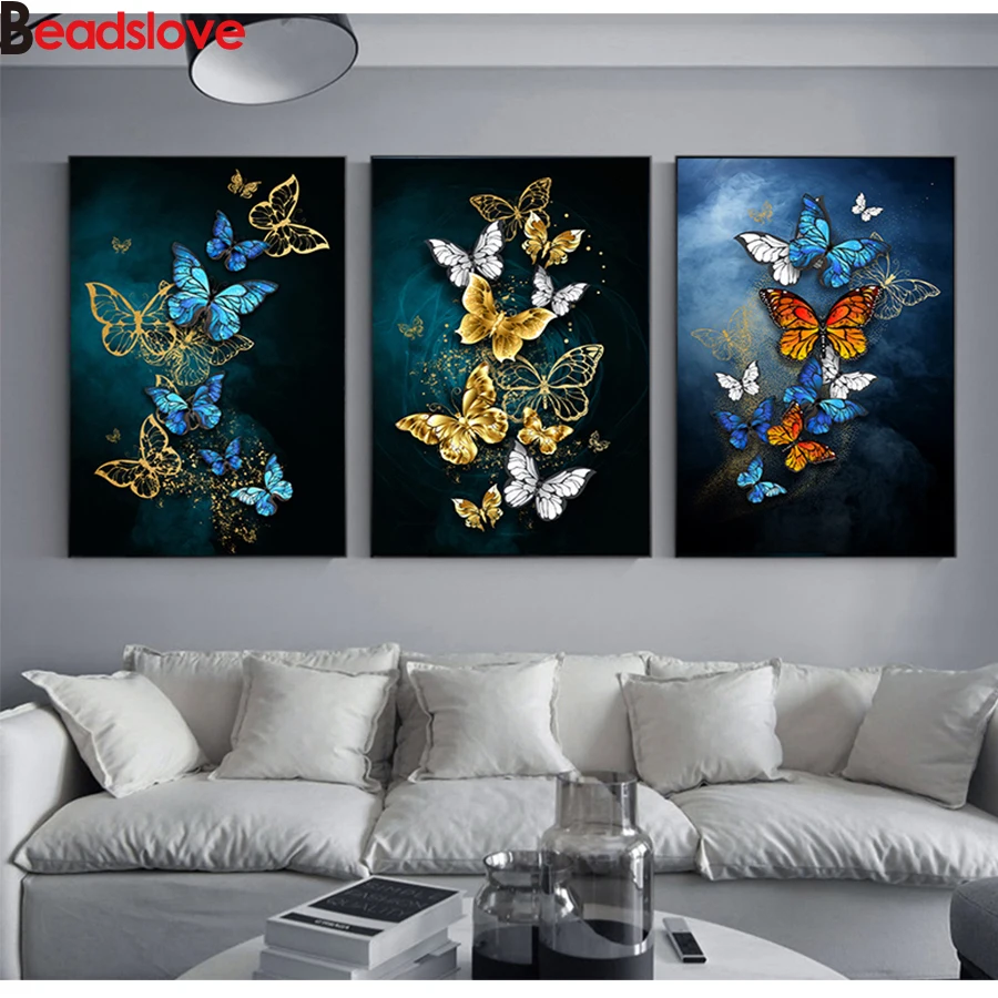 

Abstract Golden Blue Butterfly diamond embroidery 3pcs diamond painting full square round diamond picture of rhinestones art,