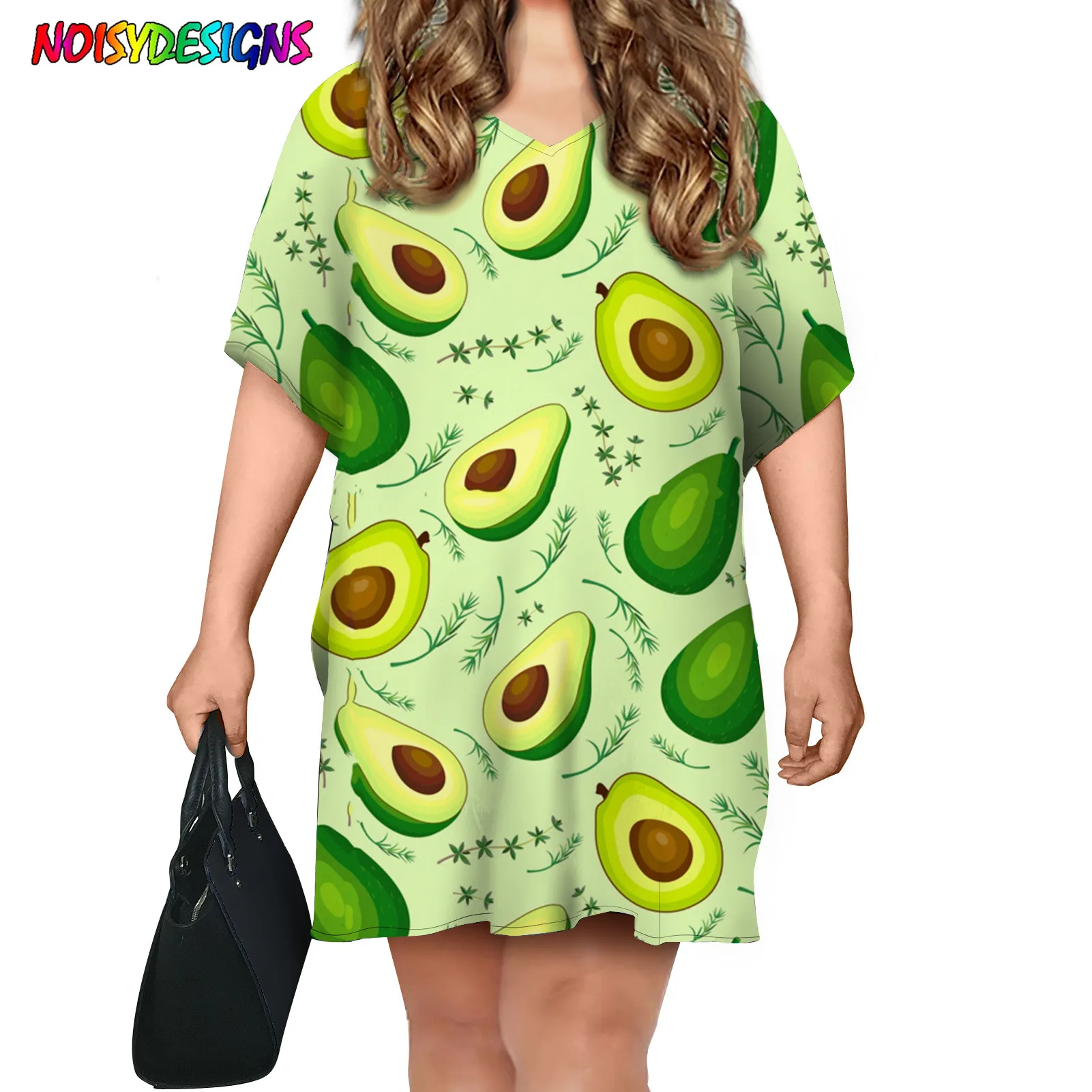 

NOISYDESIGNS Summer T-Shirt Dress Women Avocado Printing Femme Casual Batwing Short Sleeve Plus Size Tee Dresses Vestidos