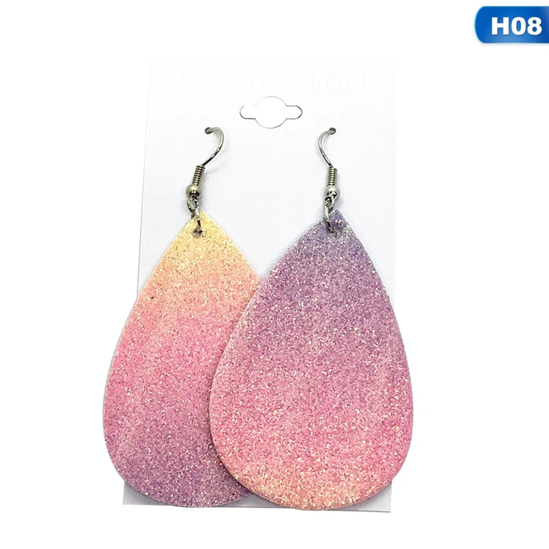 Богемные PU серьги из кожи для женщин Teardro prainbow блестящие серьги с блестками модные ювелирные изделия Висячие серьги подарки 1 пара - Окраска металла: EAR6033H08