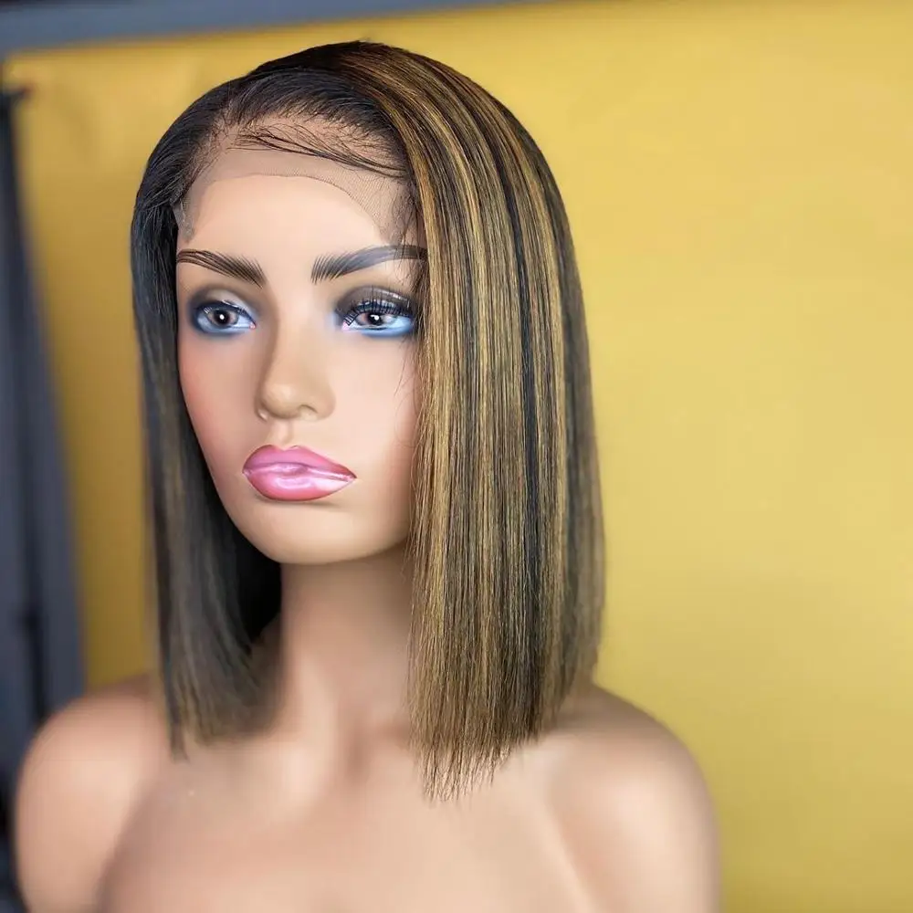 Цвет Омбре блонд 27 Выделите Remy бразильский короткий прямой Боб 130% кружевные