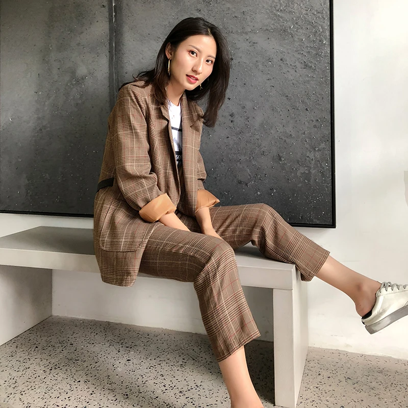 Женский клетчатый Блейзер комплект из 2 предметов модные брюки костюмы пиджак и