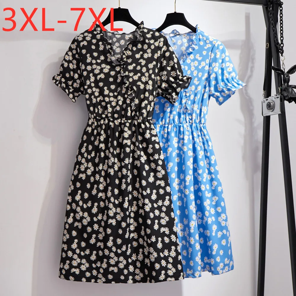 

New 2021 summer plus size dress for women large short sleeve loose casual floral print V neck dresses blue 3XL 4XL 5XL 6XL 7XL