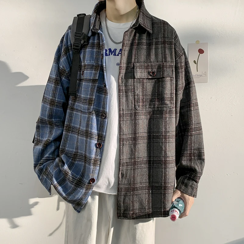 

Autumn New retro stitching Plaid Shirt Cotton Long Sleeve Turn-down Collar Casual Loose Harajuku Couple Clothing Thick shirt