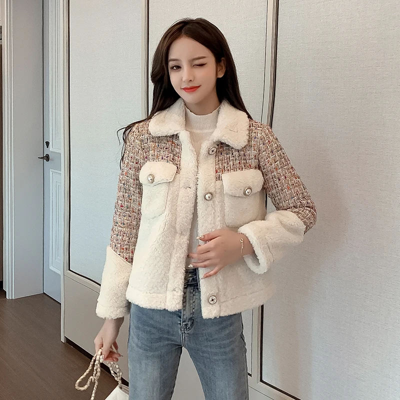 Женское твидовое пальто на пуговицах элегантная теплая куртка из овечьей шерсти