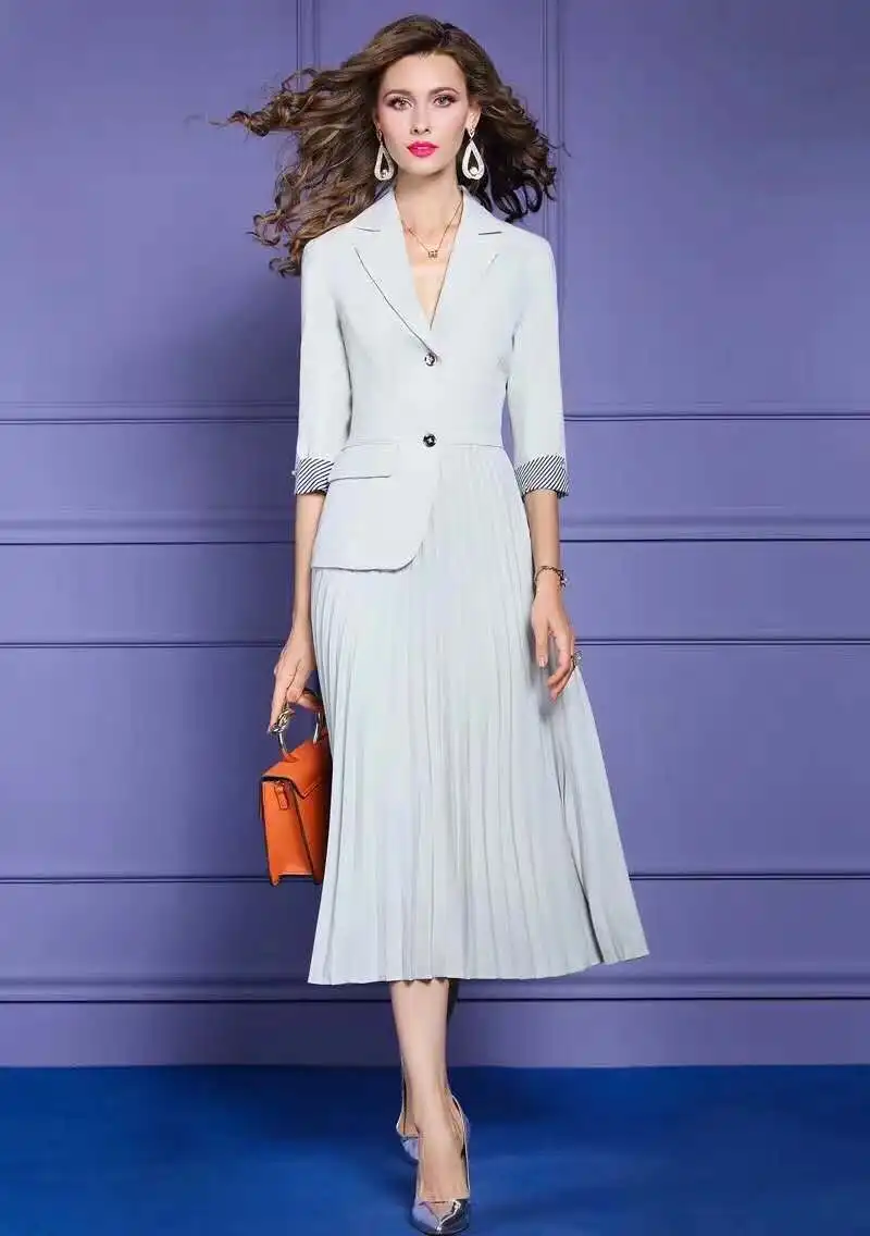 

Dress 2021 Female Autumn Business Women Notched Collar Striped Color Block Patchwork 3/4 Sleeve Mid-Calf Length Pleated Dress XL