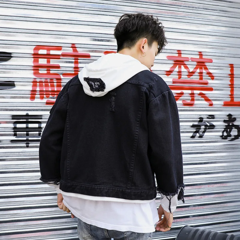 

Spring Autumn Korean Jacket Men Jeans Coat Cotton Washed Ripped Hooded Denim Jacket Hip-hop Harajuku Couple Casual Jacket S-XXXL