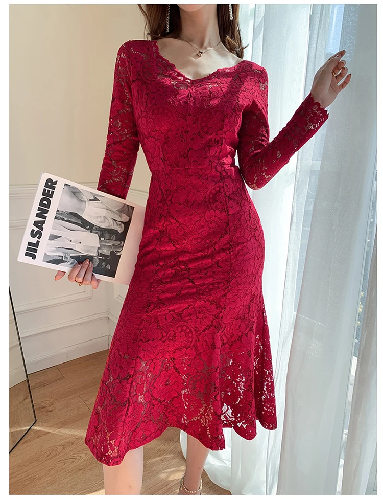 

Spring Autumn Fishtail Long Dresses High Waist Slim Red V-neck Lace Dress Women Sheath Midi Casual Outerwear TA910