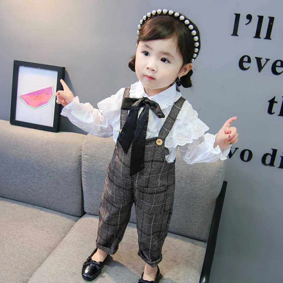 Baby Clothes Lace White Shirt + Jumpsuit 2 Pcs Girls Outfits Plaid Overalls Spring Autumn Formal Suit For | Детская одежда и обувь
