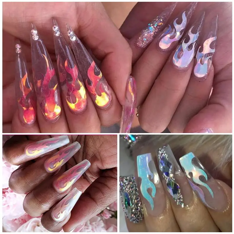 BUKAKI серебро пламя ногтей голографическая Strip16PCS DIY тонкая Лазерная пленка для ногтей стикер красочный 3D дизайн ногтей