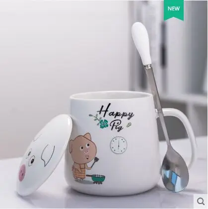 350ML cute pig ceramic mugs breakfast milk cup with lid spoon gift coffee mug handle creative cups | Дом и сад