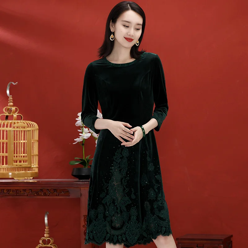 

Top Quality New 1950s Style Dress 2020 Autumn Winter Bride Mother Women Hollow Out Embroidery Beading Deco Elegant Dress 4xl 5xl