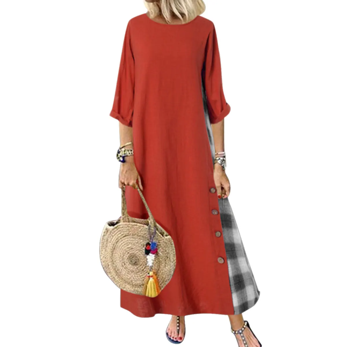 

Half Long-Sleeved Linen Cotton Spring Autumn Dress Women Casual Round Neck Long Maxi Dress Plus Size Button-Style Loose Dress