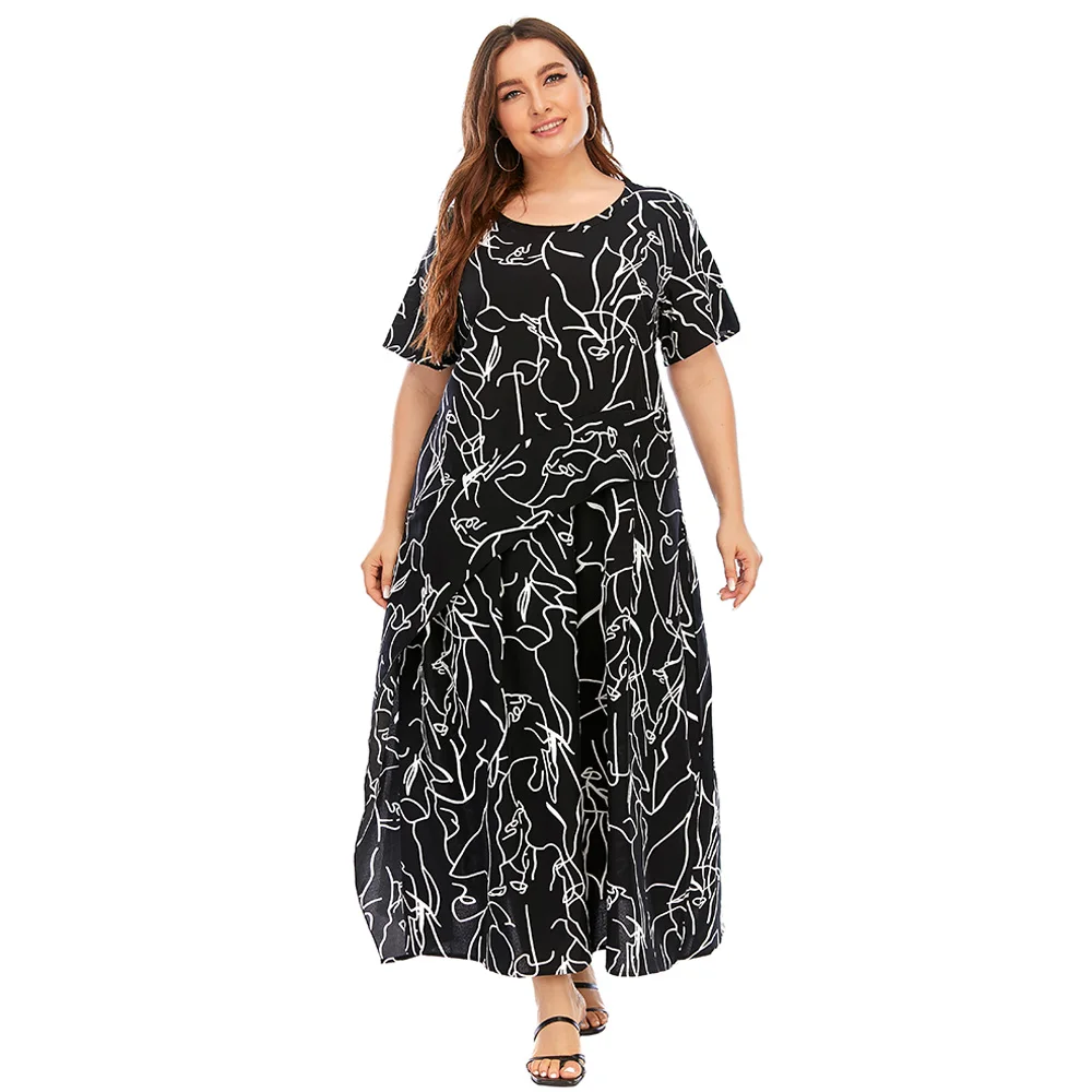 

4XLPlus Size Dress Women Summer Short Sleeve Geometric Print Ruffles Casual Dress Black Loose Oversized Maxi Long Dresses