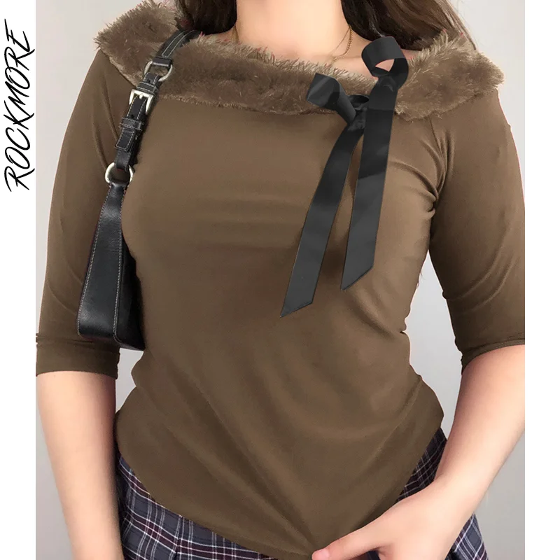 

Rockmore, винтажный укороченный топ с меховым воротником, женская футболка с длинными рукавами и бантом, Y2K, эстетичная женская осенняя одежда, ...