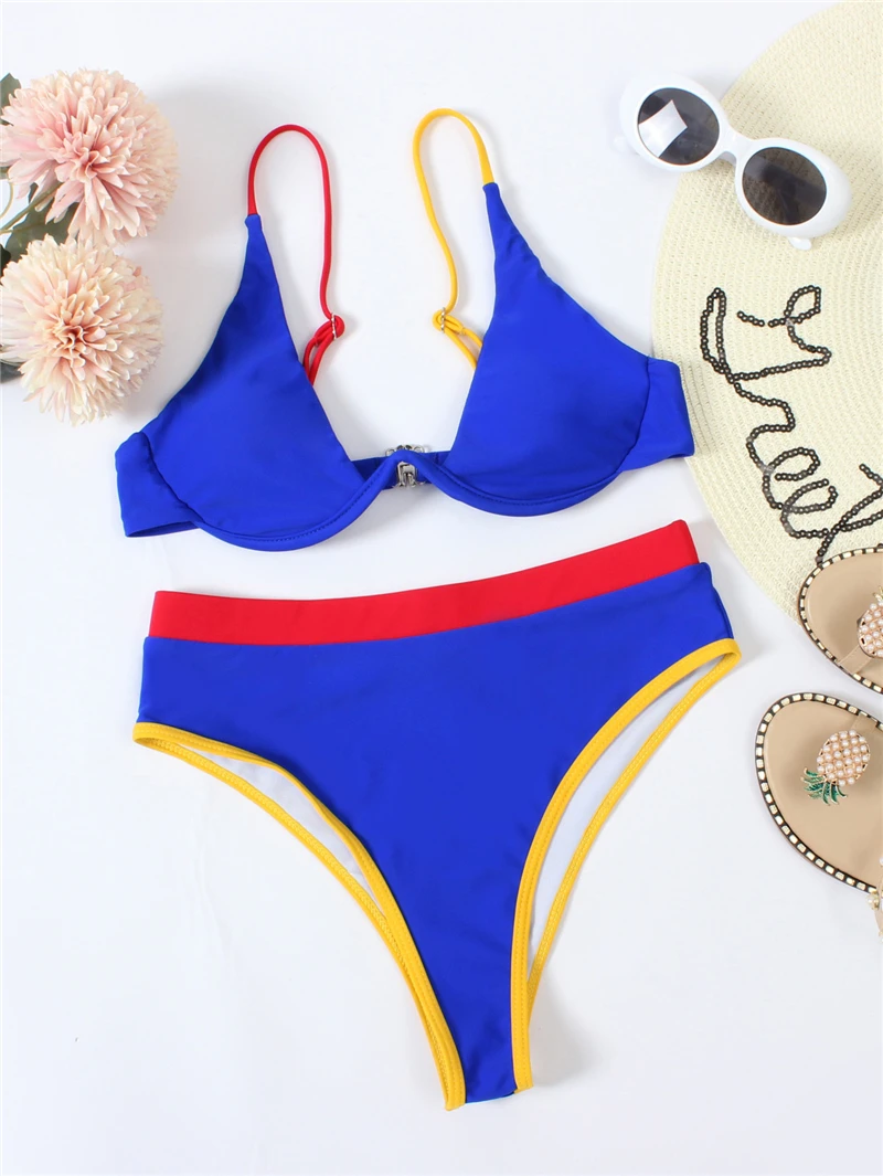 

2020 New High Waist Bikinis Swimsuit Stitching Tie-dye Swimwear Sexy Underwire Bikini Two-piece Swimming Bathing Suit For Women